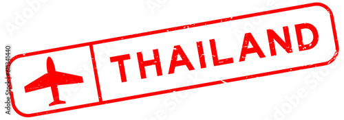 Grunge red thailand word with plane icon square rubber seal stamp on white background