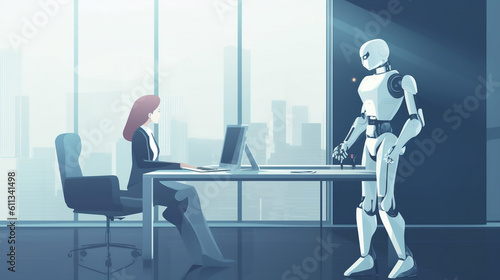 Chat bot and woman in office. AI robot for work assistant, communication, student education. Generative ai.