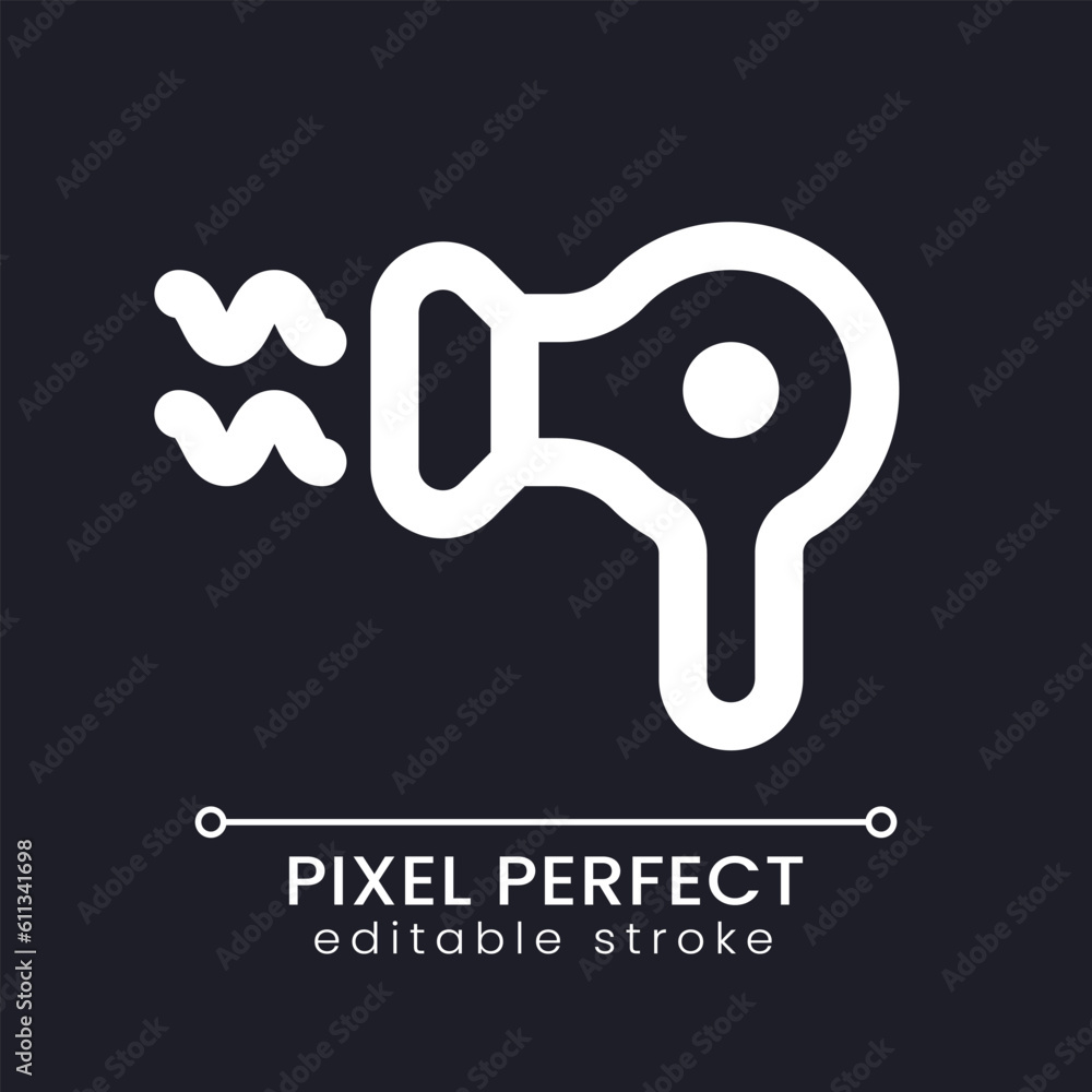 Hair dryer pixel perfect white linear ui icon for dark theme. Appliance for hairstyle. Vector line pictogram. Isolated user interface symbol for night mode. Editable stroke. Poppins font used Hair dryer pixel perfect white linear ui icon for dark theme. Appliance for hairstyle. Vector line pictogram. Isolated user interface symbol for night mode. Editable stroke. Poppins font used