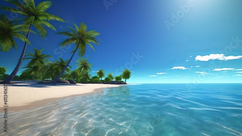 Escape to a tropical paradise with ultra detail HD backgrounds that capture the essence of sunny beach. The scene reveals a breathtaking coastal panorama  beach with palm trees  Generative AI