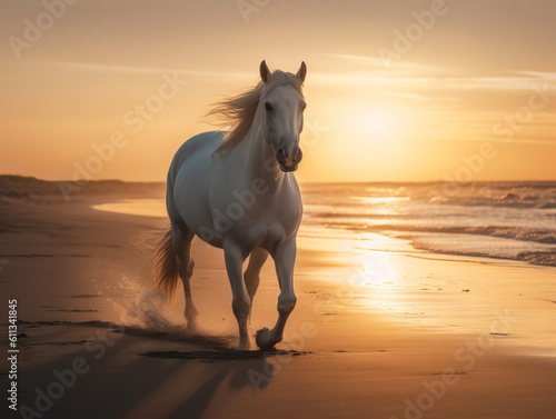 Beautiful white horse galloping along the beach. Generative AI. © AMK 