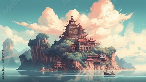 Chinese style Fantasy landscape illustration. Castle and islands floating in the sky. Generative ai.