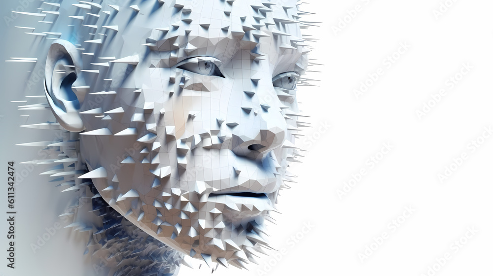 3D Render. Human face transforming to robot. AI technology, white background, digitalism, technology of the future. Generative AI 3D Render. Human face transforming to robot. AI technology, white background, digitalism, technology of the future. Generative AI