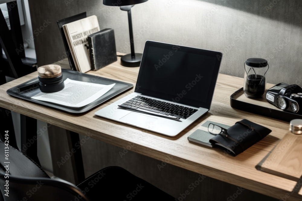 a tidy desk with a sleek laptop and minimalistic accessories, created with generative ai a tidy desk with a sleek laptop and minimalistic accessories, created with generative ai