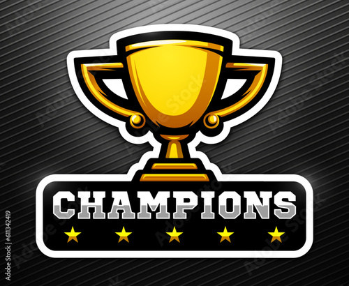 Champions golden cup and stars, sport logo. Symbol of victory. Reward, prize. Sports trophy icon.