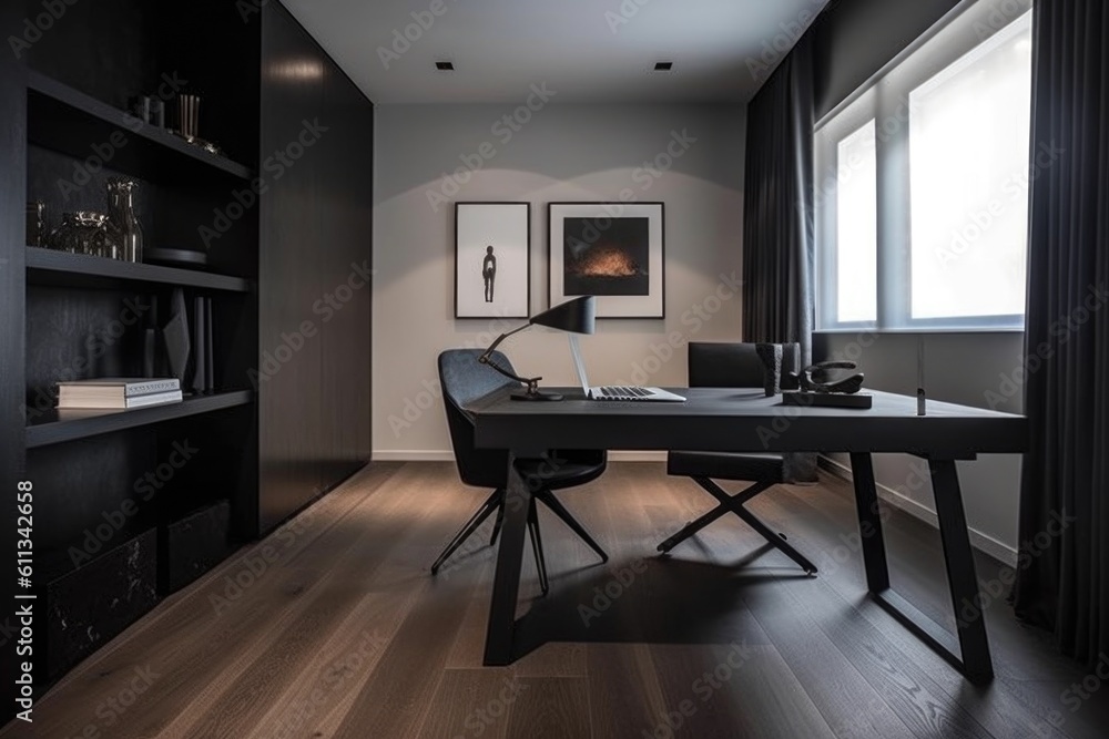 Fototapeta premium minimalist home office with sleek black desk and white chair, created with generative ai