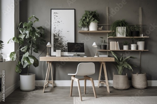 modern home office with sleek desk, minimalist decor, and plant for added greenery, created with generative ai