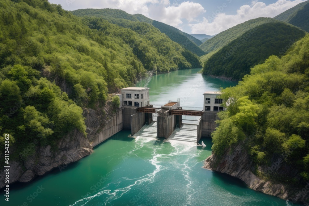 remote hydroelectric power plant, surrounded by lush greenery and clear waters, created with generative ai