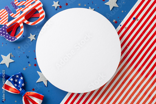 USA-themed festive scene. Overhead shot reveals artistry of party eyewear, bow-tie, shimmering stars, glistening confetti, on American flag background with empty circle, perfect for text or advert