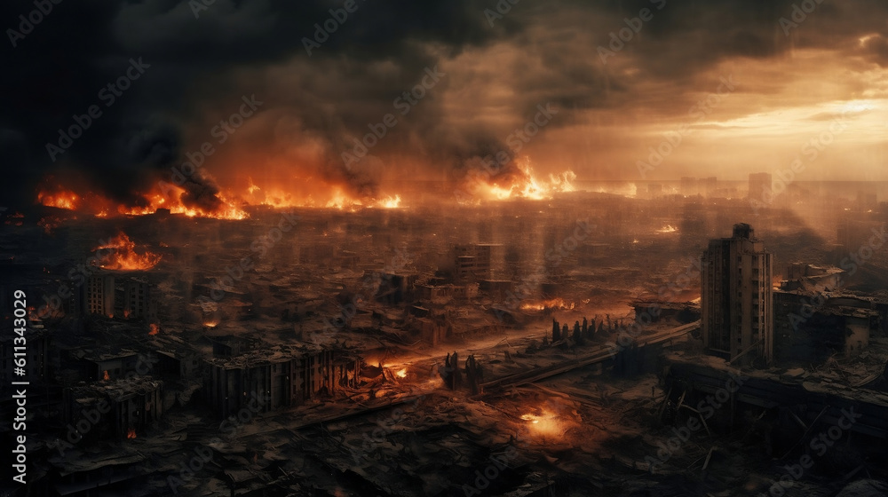 City with fires, explosions. Concept of war and disaster. Generative ai. City with fires, explosions. Concept of war and disaster. Generative ai.