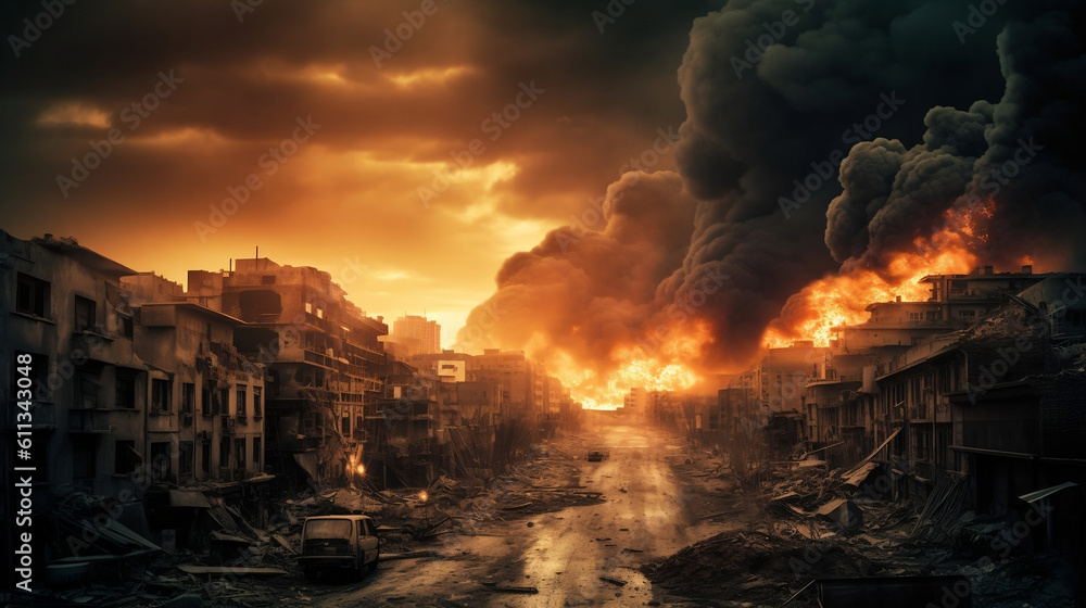 City with fires, explosions. Concept of war and disaster. Generative ai.