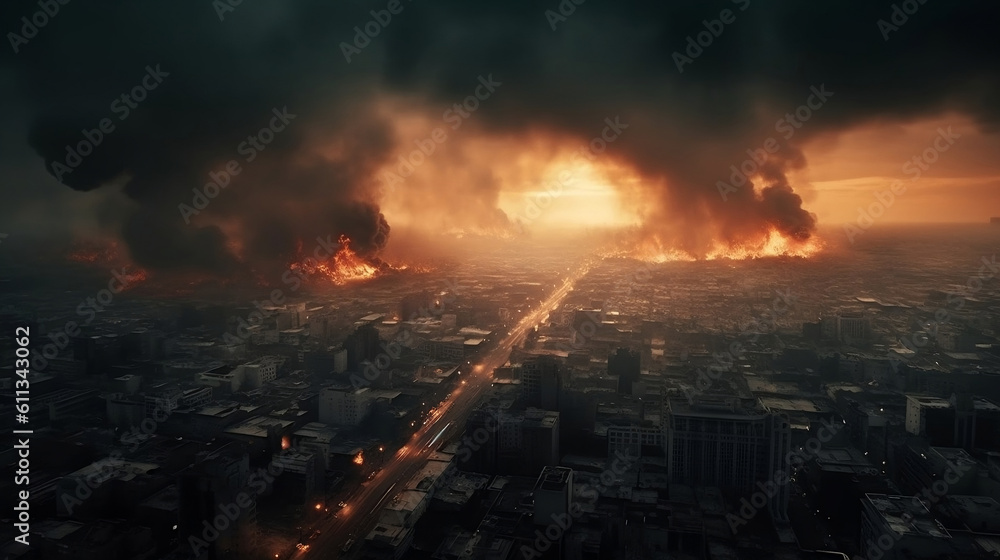 Obraz premium City with fires, explosions. Concept of war and disaster. Generative ai.