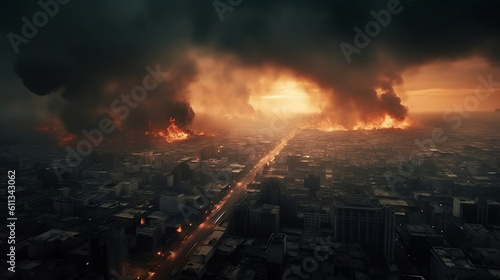 City with fires  explosions. Concept of war and disaster. Generative ai.