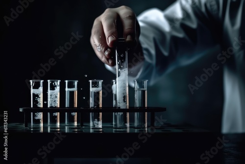 Assistant's hand and test tubes with liquid in laboratory on dark background. Generative AI