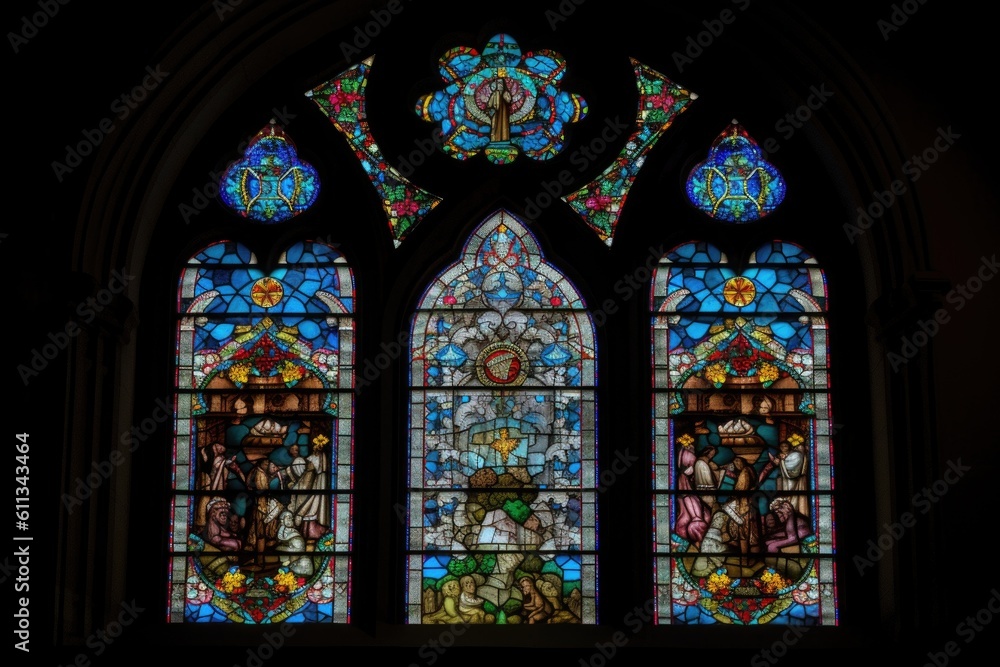 a church window with a mosaic of pastel colors and intricate details, created with generative ai