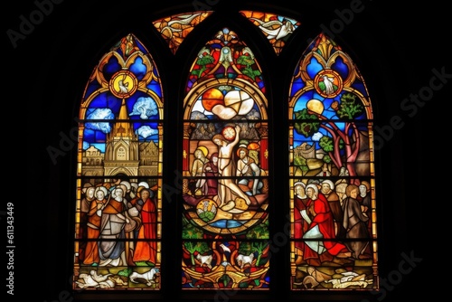 stained glass window depicting biblical story, with scenes of creation and adam & eve, created with generative ai