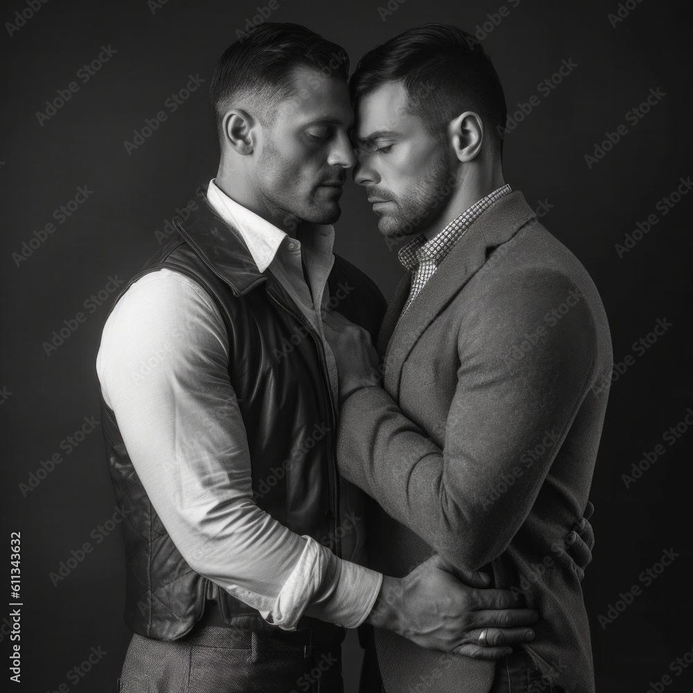 Black and white image of gay male couple in loving embrace, generative Ai Black and white image of gay male couple in loving embrace, generative Ai