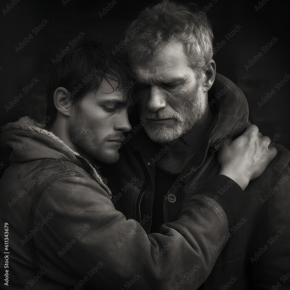 Obraz premium Black and white image of gay male couple in loving embrace, generative Ai