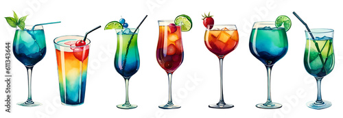 Watercolor cocktail set on transparent background. Generative Ai