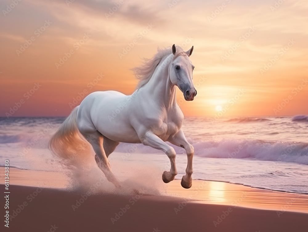 Beautiful white horse galloping along the beach. Generative AI. - obrazy, fototapety, plakaty 