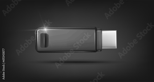3d realistic vector icon. Black usb flash drive mock up.