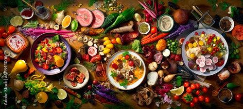 Various plates with different foods on them  including meat and vegetables  colorful food platter textures. Generative Ai. 