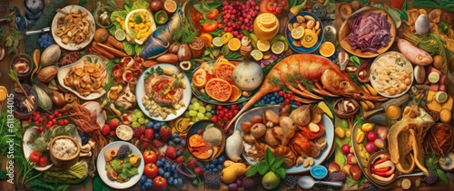 Fototapeta Naklejka Na Ścianę i Meble -  Various plates with different foods on them, including meat and vegetables ,colorful food platter textures. Generative Ai. 