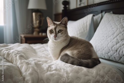 luxurious bedding with plush pillows and warm blankets for snuggly kitty, created with generative ai © Alfazet Chronicles