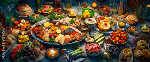 Various plates with different foods on them, including meat and vegetables ,colorful food platter textures. Generative Ai. 