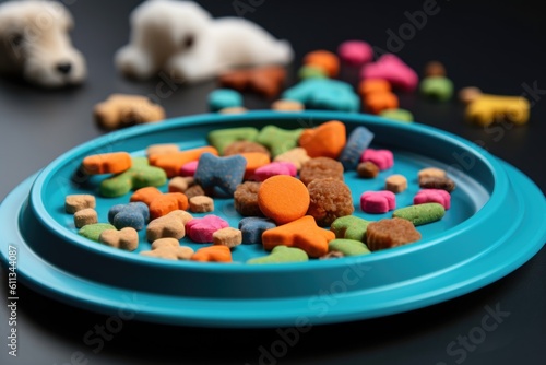pet food and treats on colorfully designed plate, with close-up view, created with generative ai