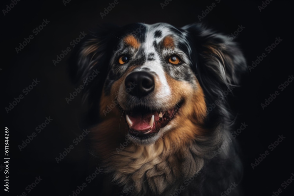 portrait of happy dog with tongue hanging out, eyes shining with happiness, created with generative ai