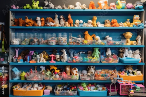 a pet store shelf filled with colorful and playful toys, created with generative ai