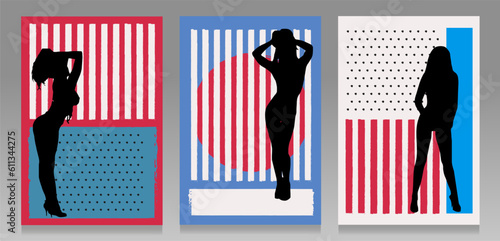 Modern poster set. Silhouette of sexy women on colorful shapes and dots. Wall art design, abstract background, wall decoration. Illustration of minimalist art. 