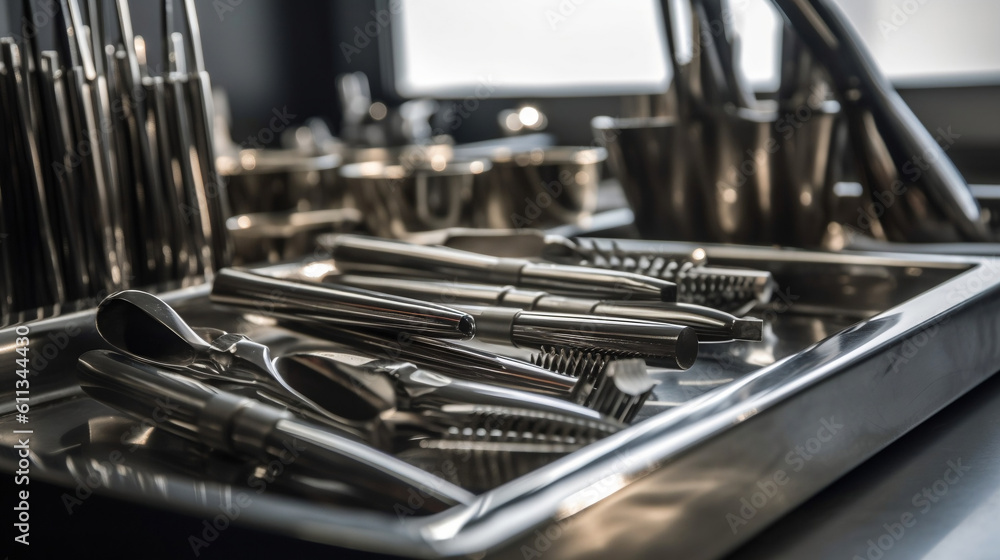 Fototapeta premium Close up view of set of various stainless steel instruments in dental clinic. Generative ai.