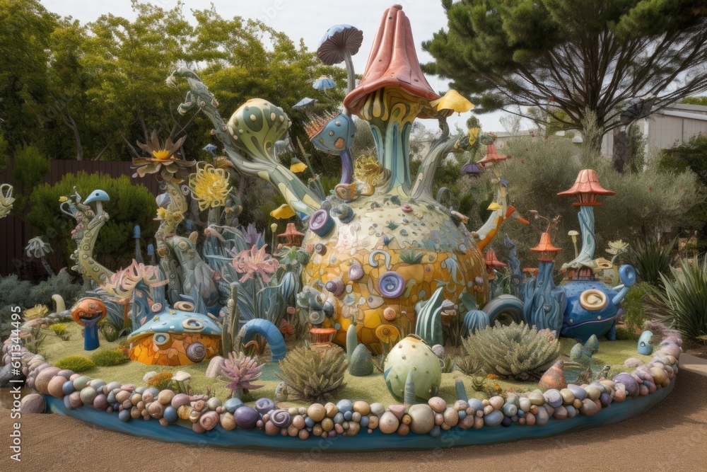 Fototapeta premium ceramic sculpture garden filled with whimsical and playful sculptures, created with generative ai