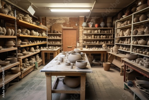 a pottery studio with a variety of clay and ceramic pieces on display, created with generative ai