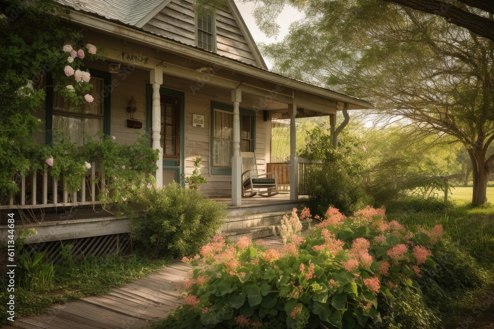 country cottage with porch swing and blooming flowers, created with generative ai