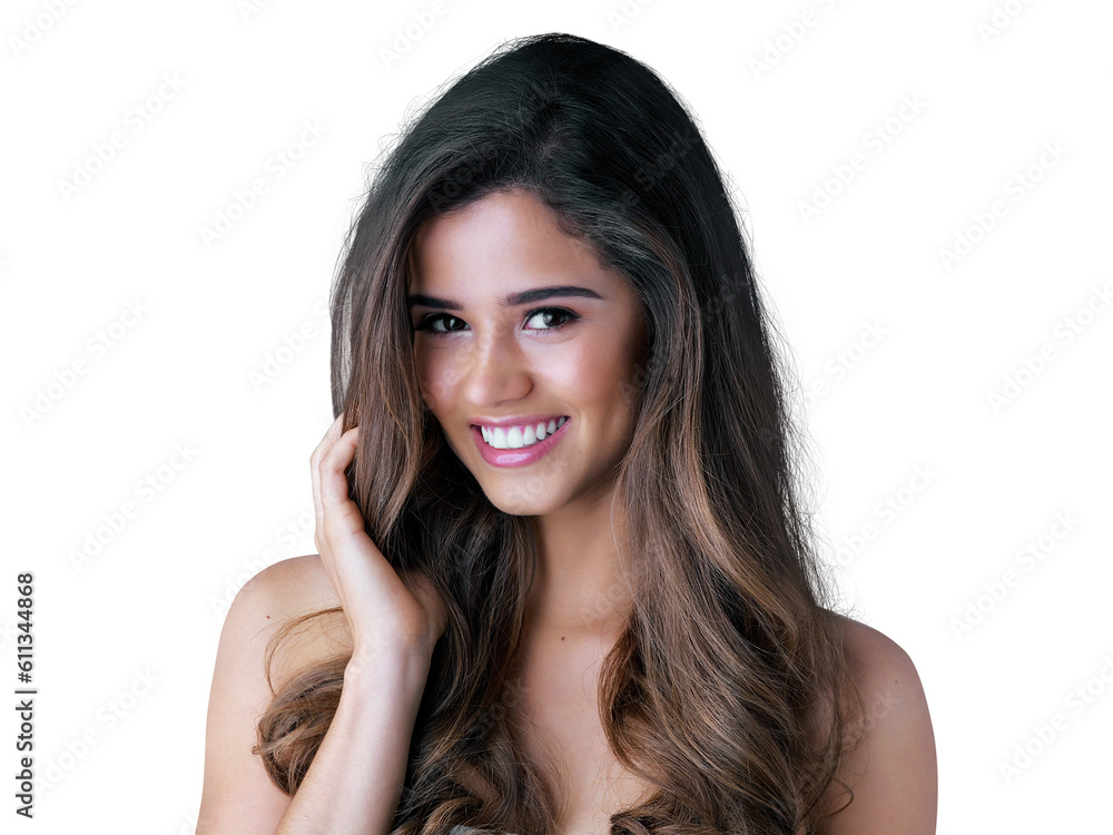 Hair, young and happy woman in portrait isolated on transparent png background for salon, color treatment or care. Face, beauty and female model with healthy growth, hairdresser results and texture Hair, young and happy woman in portrait isolated on transparent png background for salon, color treatment or care. Face, beauty and female model with healthy growth, hairdresser results and texture