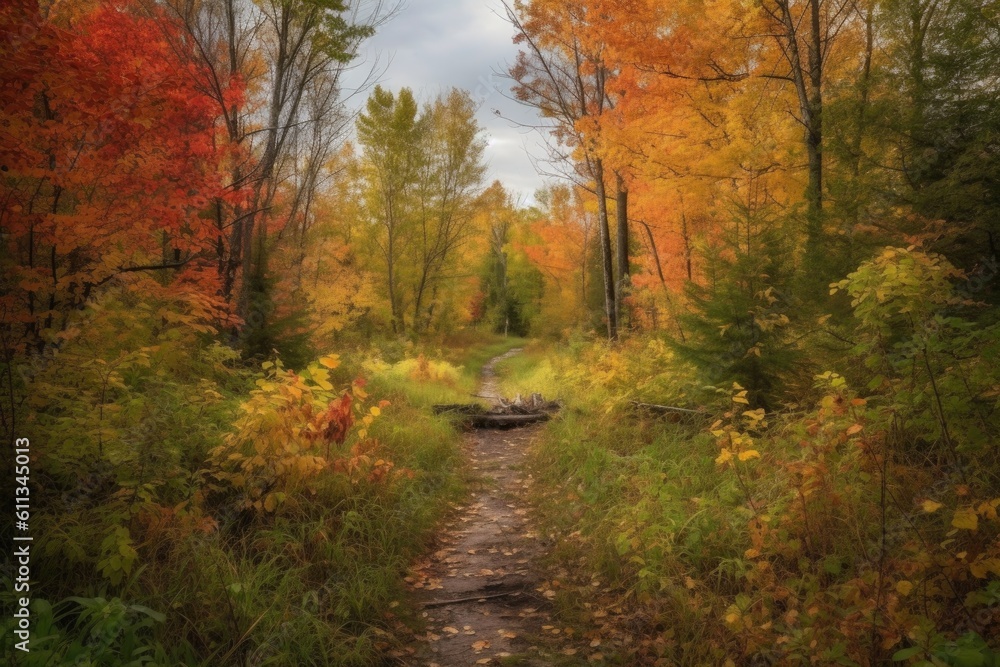 forest trail with view of colorful autumn foliage, created with generative ai