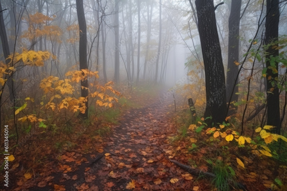 autumn forest hike with raindrops on leaves and mist in the air, created with generative ai