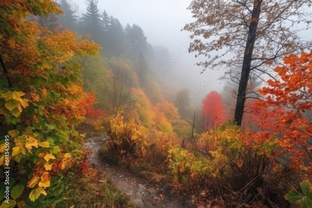 autumn forest hike with view of colorful leaves and misty morning fog, created with generative ai