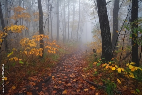 autumn forest hike with raindrops on leaves and mist in the air  created with generative ai