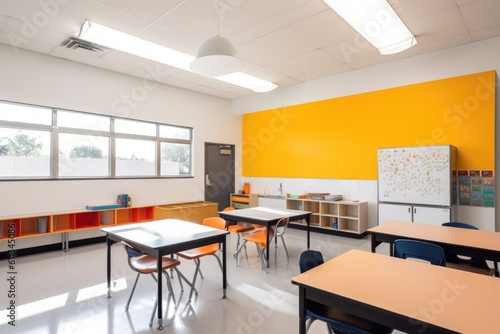 modern, minimalist classroom with clean lines and pops of color, created with generative ai
