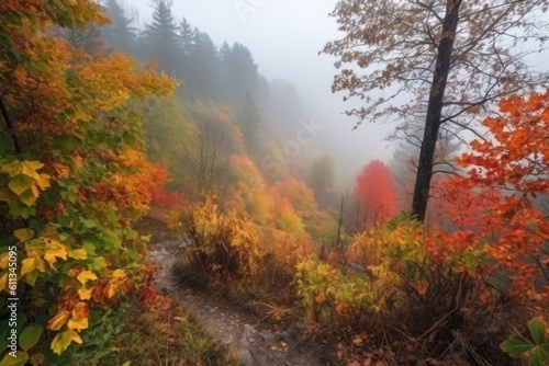autumn forest hike with view of colorful leaves and misty morning fog, created with generative ai