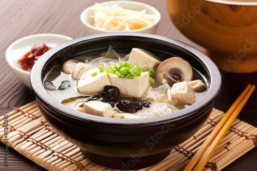 tofu soup, with rice noodles and mushrooms, in a traditional japanese setting, created with generative ai
