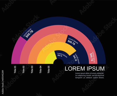 Corporate expenditures semicircle infographic design template for dark theme. Budgeting. Editable concentric chart with numbers. Visual data presentation. Myriad-Pro, Arial, Lato fonts used