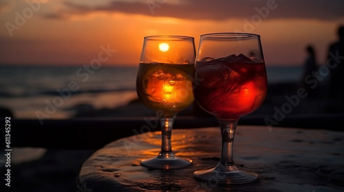 Cocktail drinks glasses and sunset sky at the bar. Beach, sunset with sea background. Summer vacation. Generative ai.