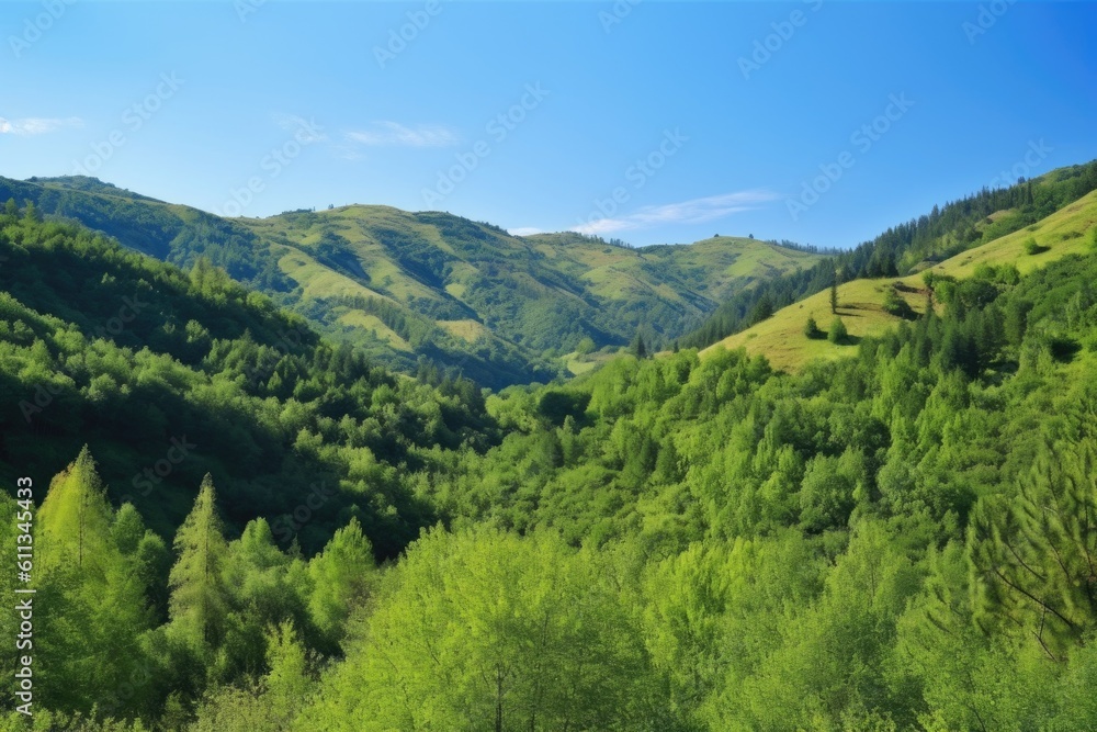 Fototapeta premium reforested mountain range with fresh green trees and blue skies, created with generative ai