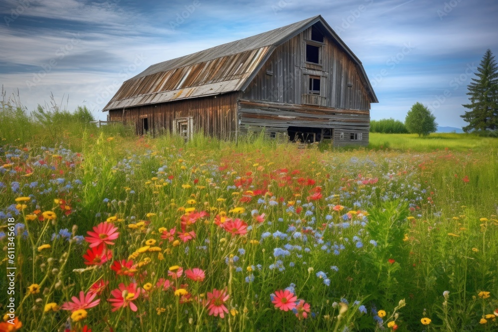 rustic barn surrounded by blooming flower fields, with bright and colorful flowers, created with generative ai rustic barn surrounded by blooming flower fields, with bright and colorful flowers, created with generative ai