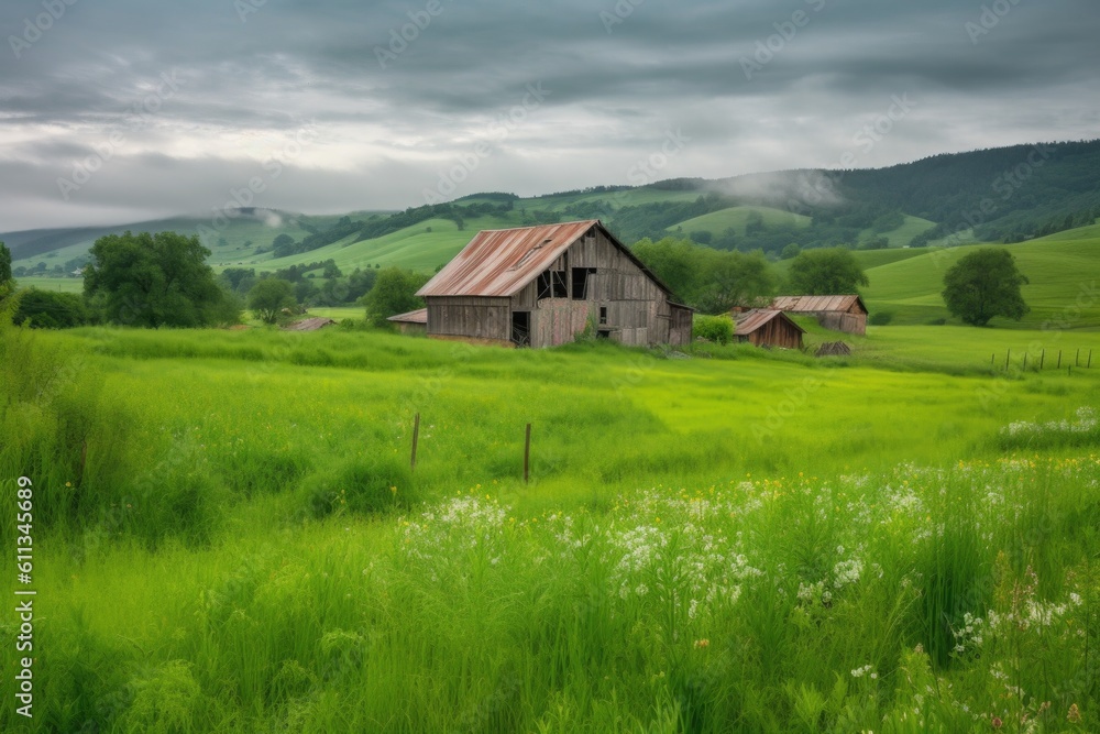 rustic barn with lush green meadows and rolling hills in the background, created with generative ai